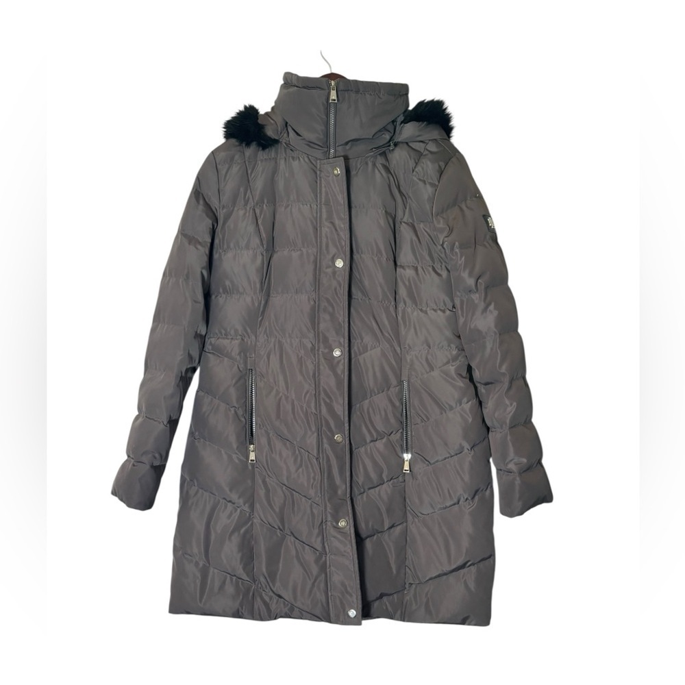 Lauren Ralph Lauren Gray/Green Down Fill Faux Fur Hooded Puffer Coat Size Large
